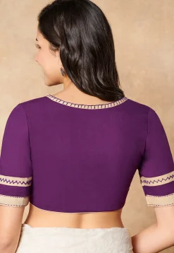 Contrast Trim Cotton Blouse in Purple