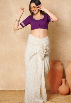 Contrast Trim Cotton Blouse in Purple