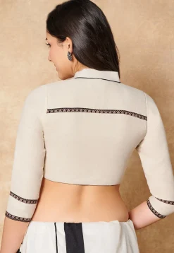 Contrast Trim Cotton Blouse in Cream