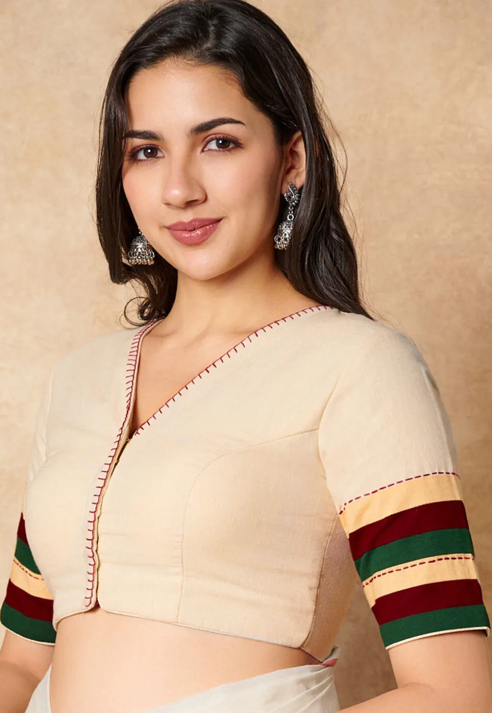 Contrast Trim Cotton Blouse in Cream