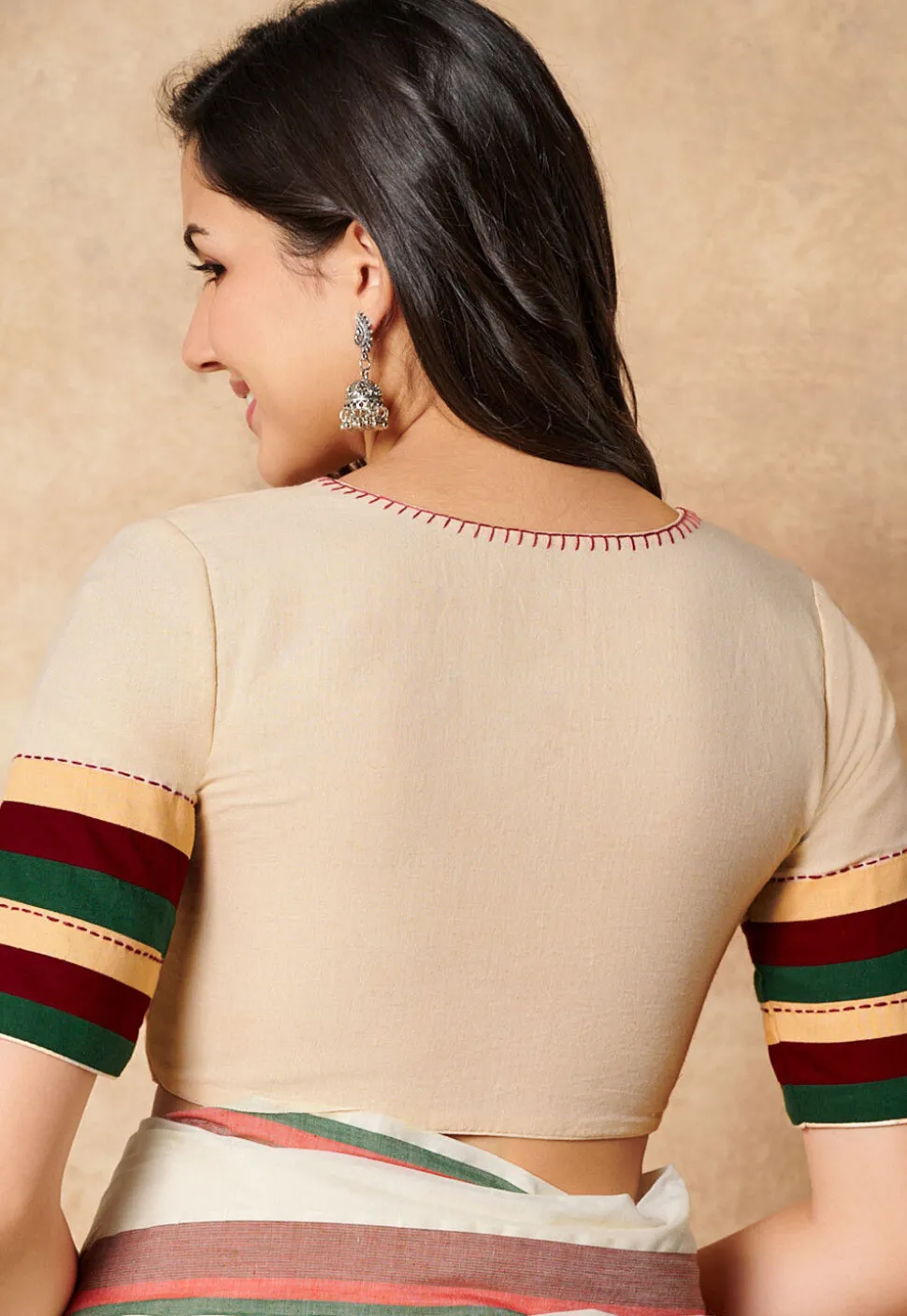 Contrast Trim Cotton Blouse in Cream