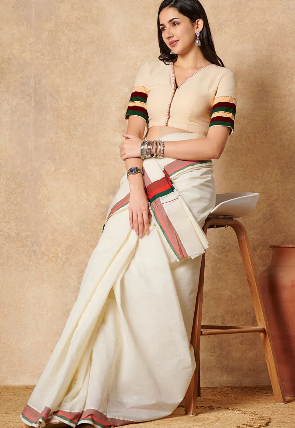 Contrast Trim Cotton Blouse in Cream