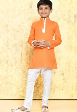 Contrast Trim Cotton Jacquard Kurta Set in Orange