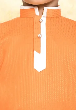 Contrast Trim Cotton Jacquard Kurta Set in Orange