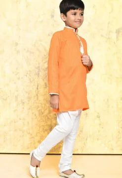 Contrast Trim Cotton Jacquard Kurta Set in Orange