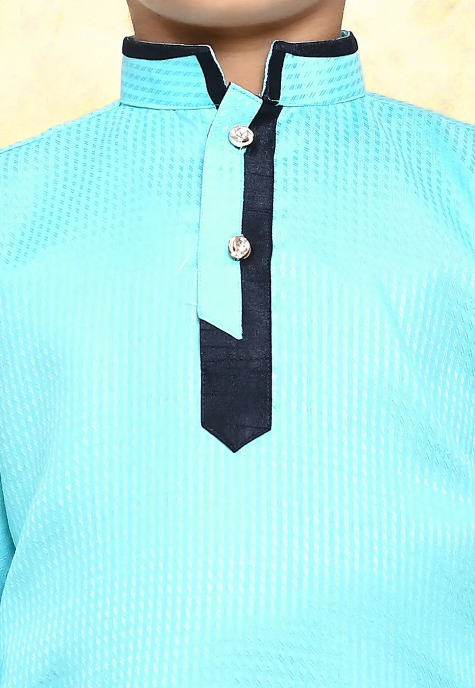 Contrast Trim Cotton Jacquard Kurta Set in Sky Blue