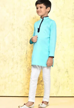 Contrast Trim Cotton Jacquard Kurta Set in Sky Blue