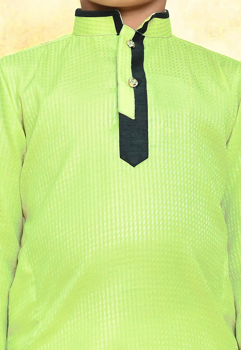 Contrast Trim Cotton Jacquard Kurta Set in Light Green