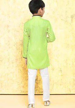 Contrast Trim Cotton Jacquard Kurta Set in Light Green