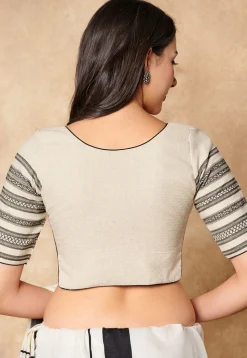 Contrast Trim Cotton Jacquard Blouse in Off White