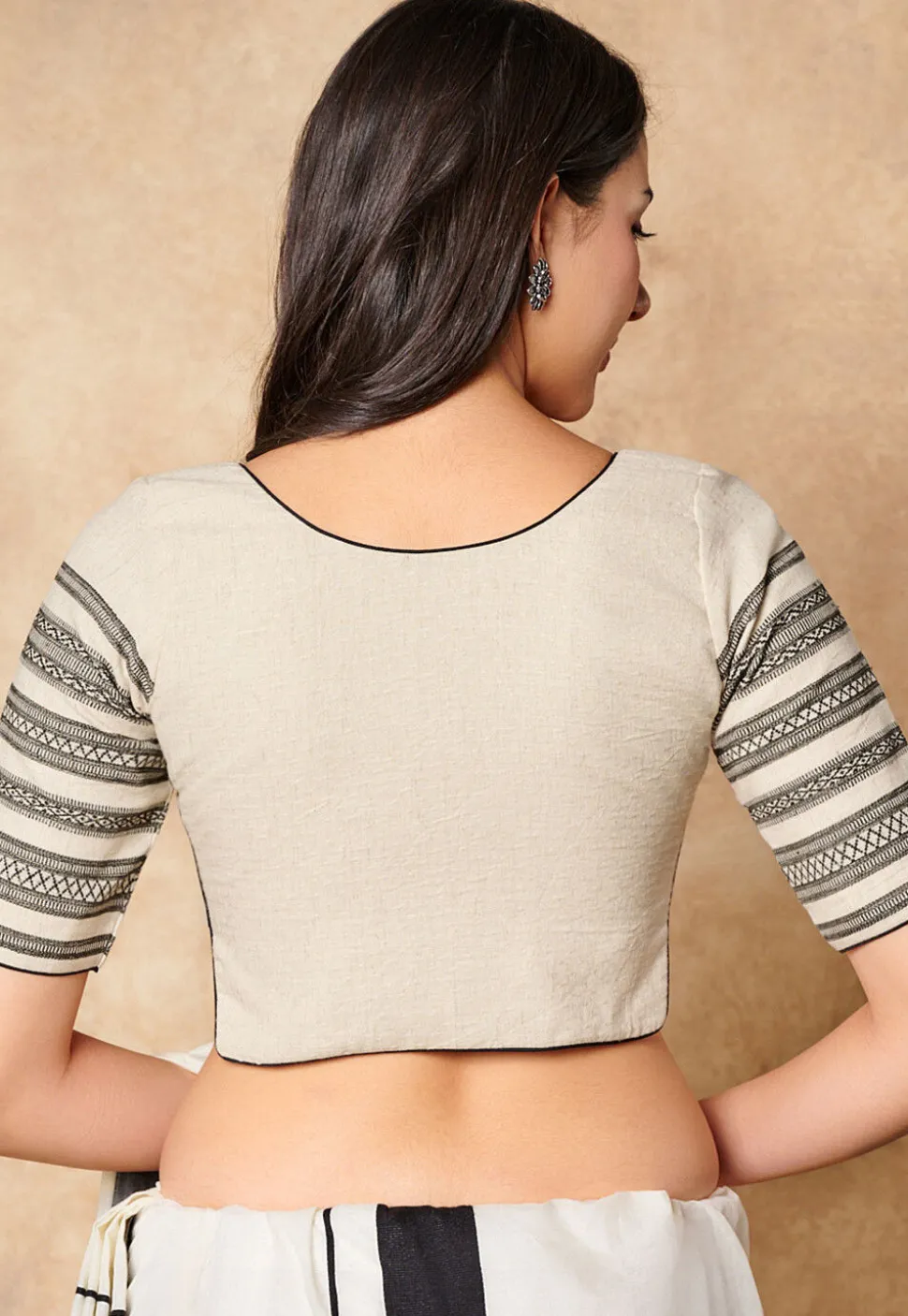 Contrast Trim Cotton Jacquard Blouse in Off White