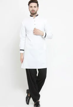 Contrast Trim Cotton Kurta Set in White