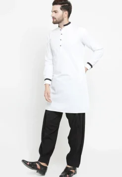 Contrast Trim Cotton Kurta Set in White