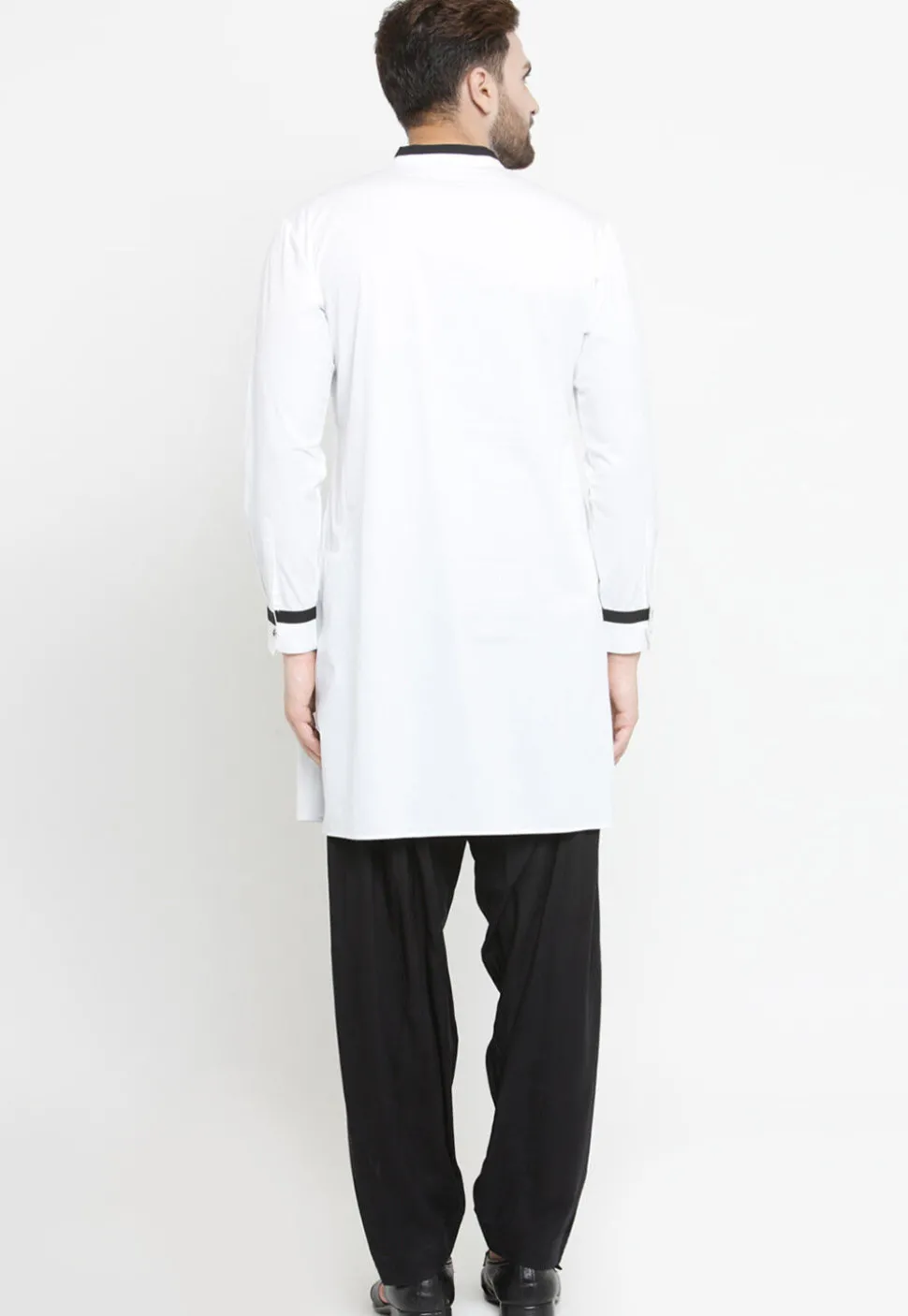 Contrast Trim Cotton Kurta Set in White