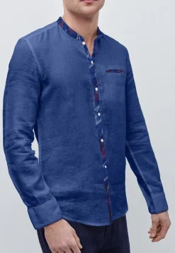 Contrast Trim Cotton Linen Front Open Shirt in Blue