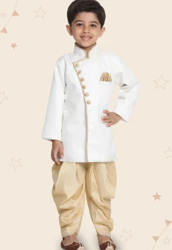 Contrast Trim Cotton Silk Dhoti Sherwani in White