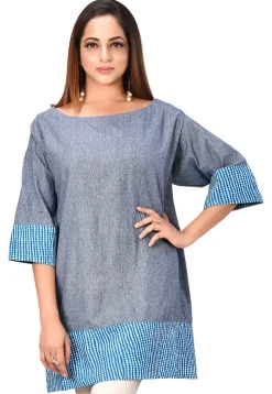 Contrast Trim Cotton Tunic in Dusty Blue