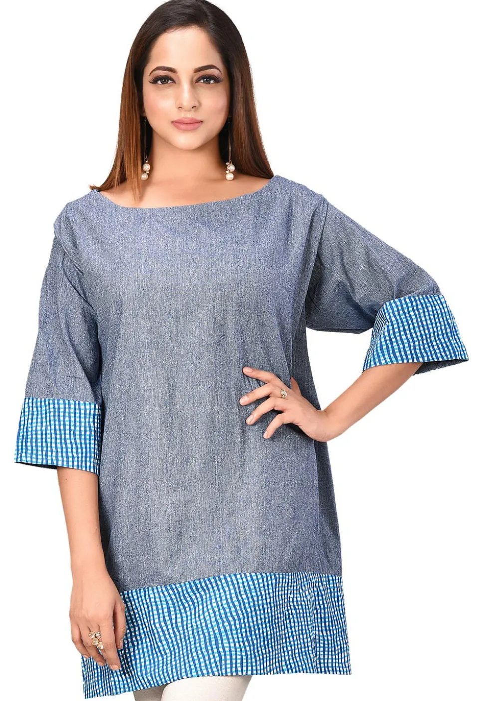 Contrast Trim Cotton Tunic in Dusty Blue
