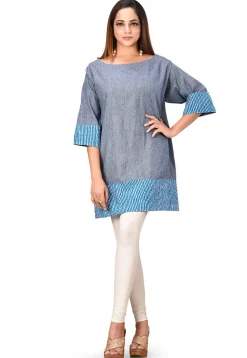 Contrast Trim Cotton Tunic in Dusty Blue