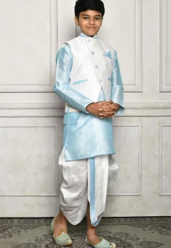 Contrast Trim Dupion Dhoti Kurta Jacket in Blue and Off White