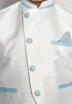 Contrast Trim Dupion Dhoti Kurta Jacket in Blue and Off White
