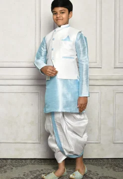 Contrast Trim Dupion Dhoti Kurta Jacket in Blue and Off White