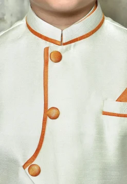 Contrast Trim Dupion Dhoti Kurta Jacket in Orange and White