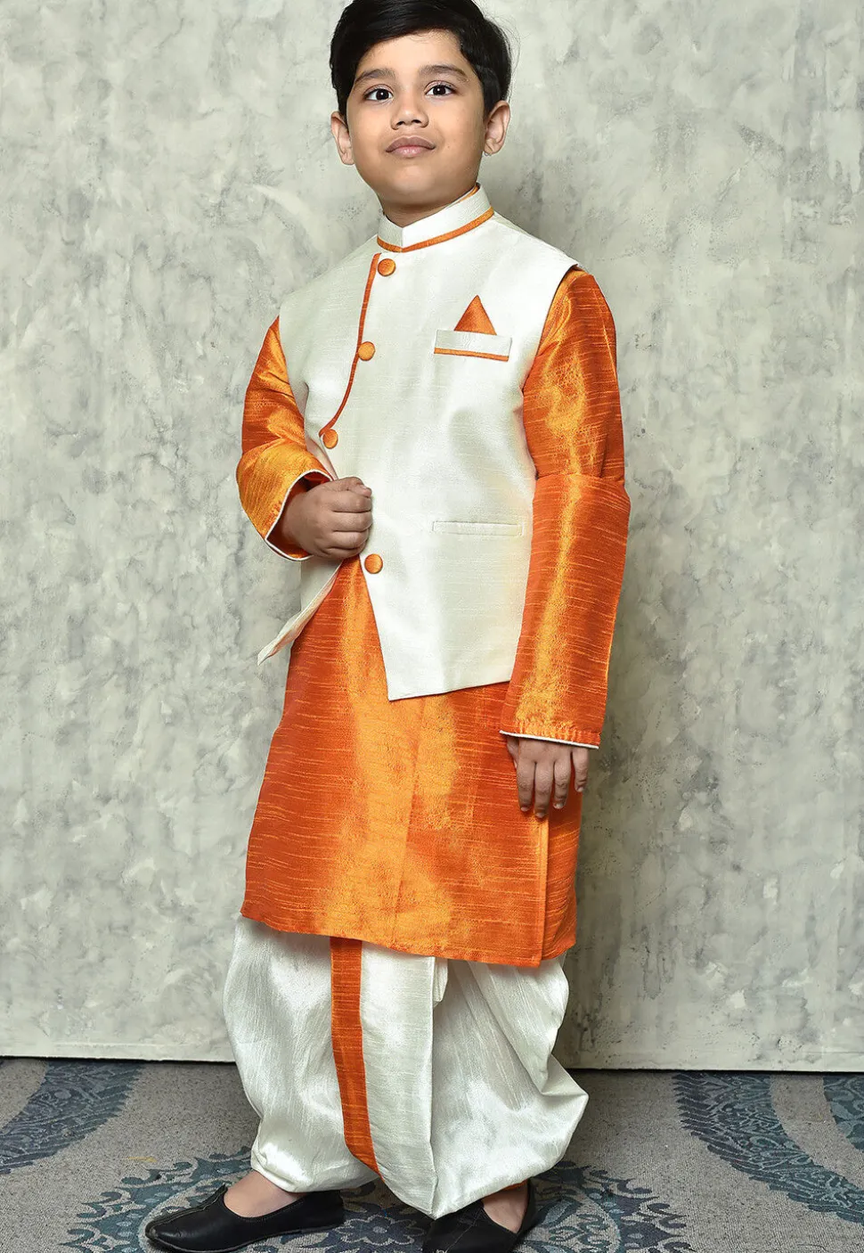 Contrast Trim Dupion Dhoti Kurta Jacket in Orange and White