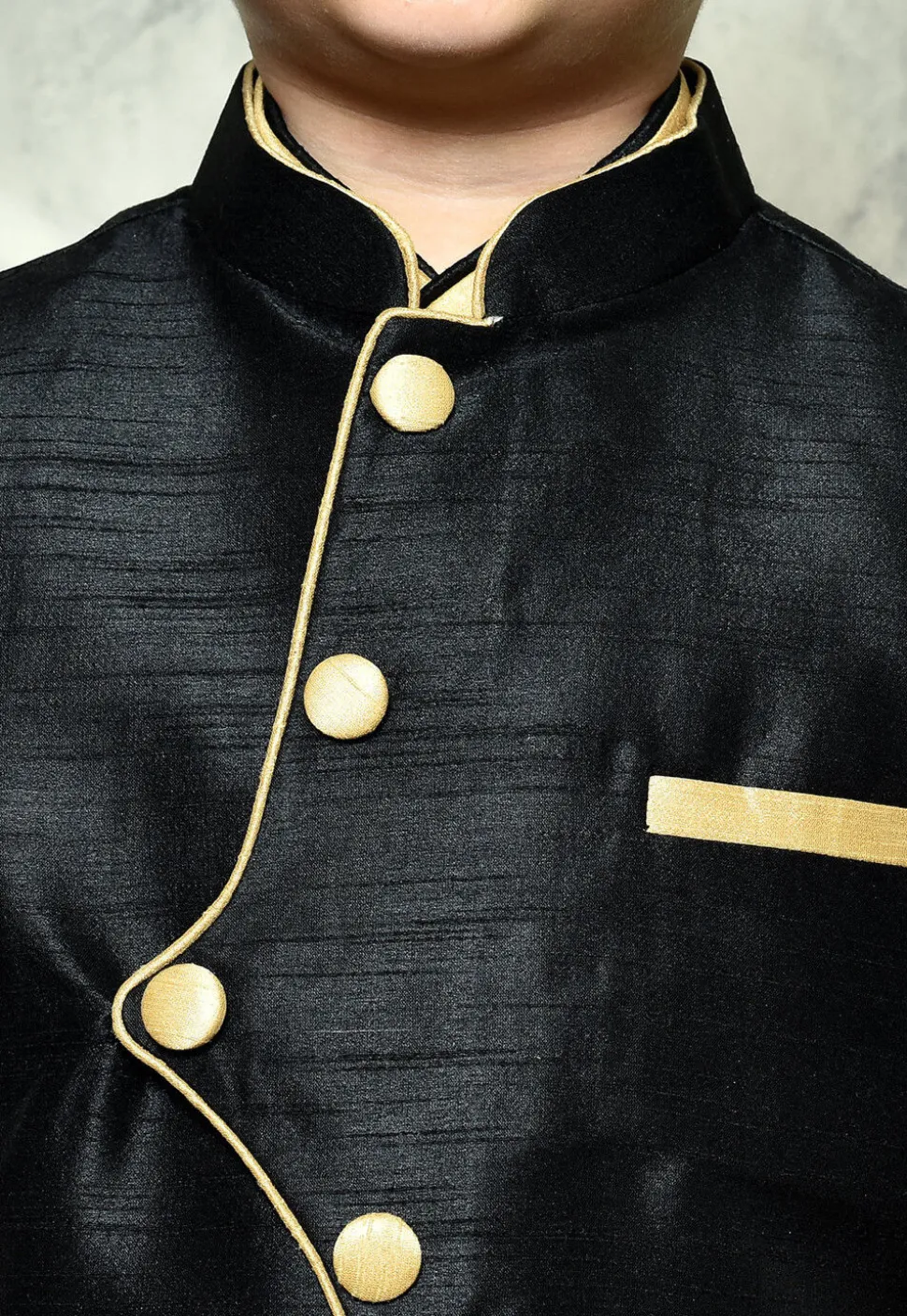 Contrast Trim Dupion Dhoti Kurta Jacket Set in Beige and Black