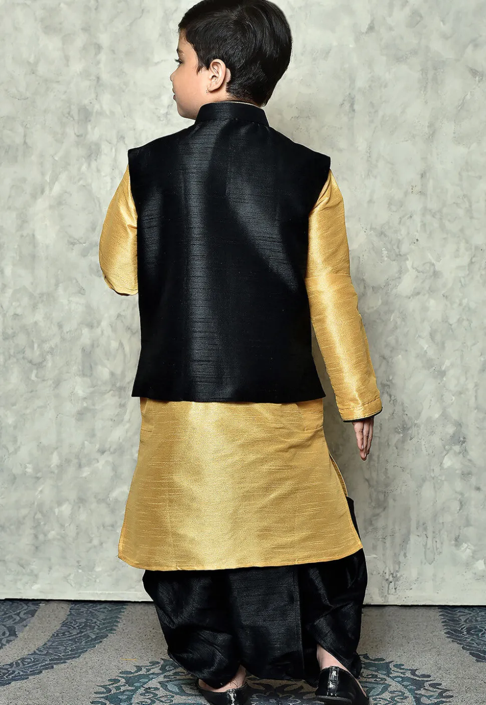 Contrast Trim Dupion Dhoti Kurta Jacket Set in Beige and Black