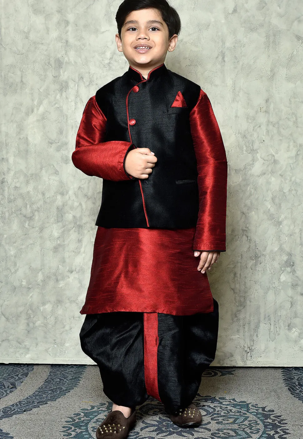 Contrast Trim Dupion Dhoti Kurta Jacket in Maroon and Black