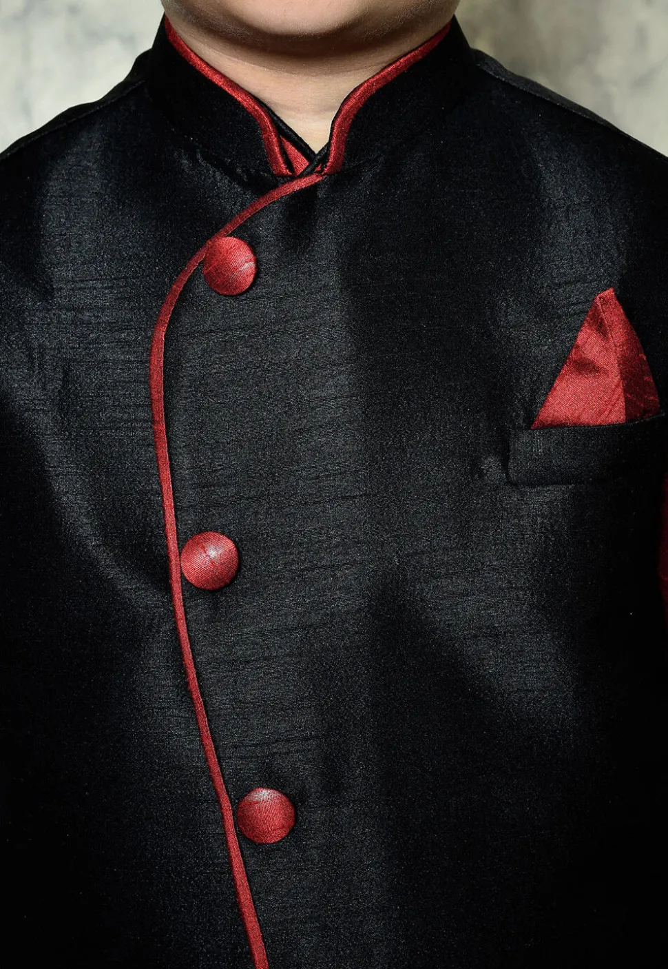 Contrast Trim Dupion Dhoti Kurta Jacket in Maroon and Black