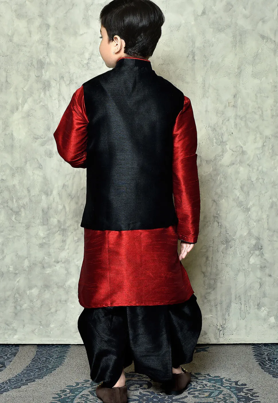Contrast Trim Dupion Dhoti Kurta Jacket in Maroon and Black