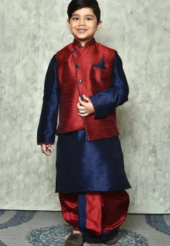 Contrast Trim Dupion Dhoti Kurta Jacket in Navy Blue and Maroon