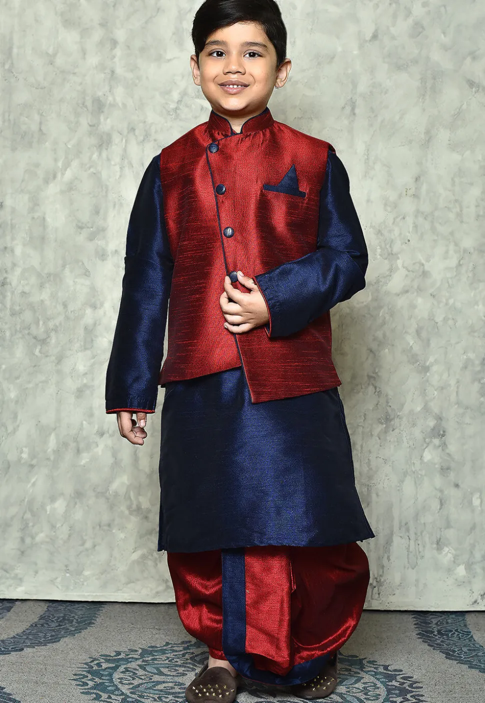 Contrast Trim Dupion Dhoti Kurta Jacket in Navy Blue and Maroon