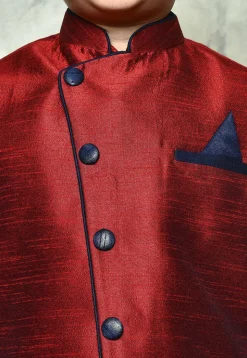 Contrast Trim Dupion Dhoti Kurta Jacket in Navy Blue and Maroon