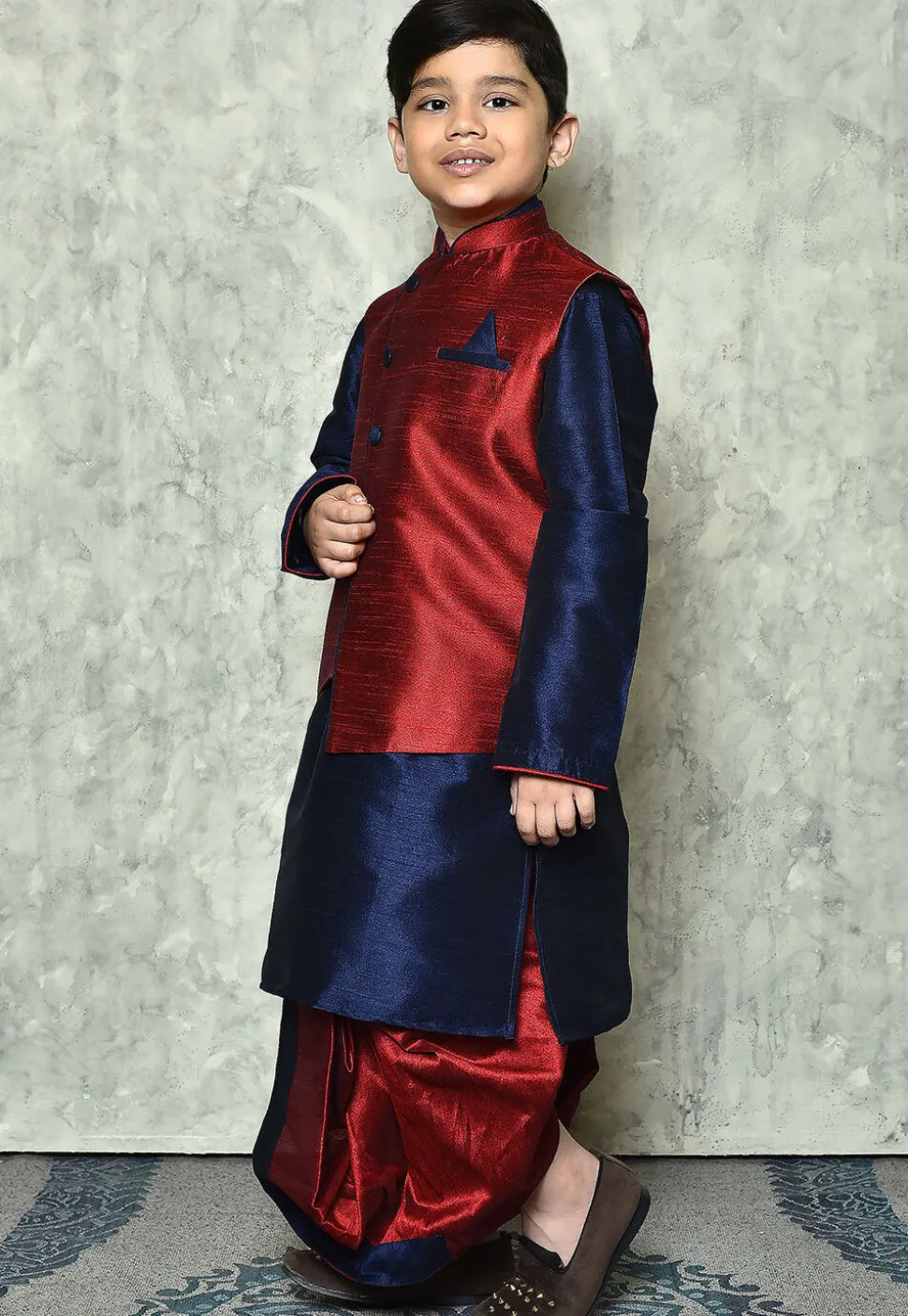 Contrast Trim Dupion Dhoti Kurta Jacket in Navy Blue and Maroon