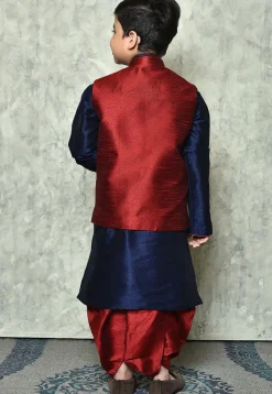 Contrast Trim Dupion Dhoti Kurta Jacket in Navy Blue and Maroon