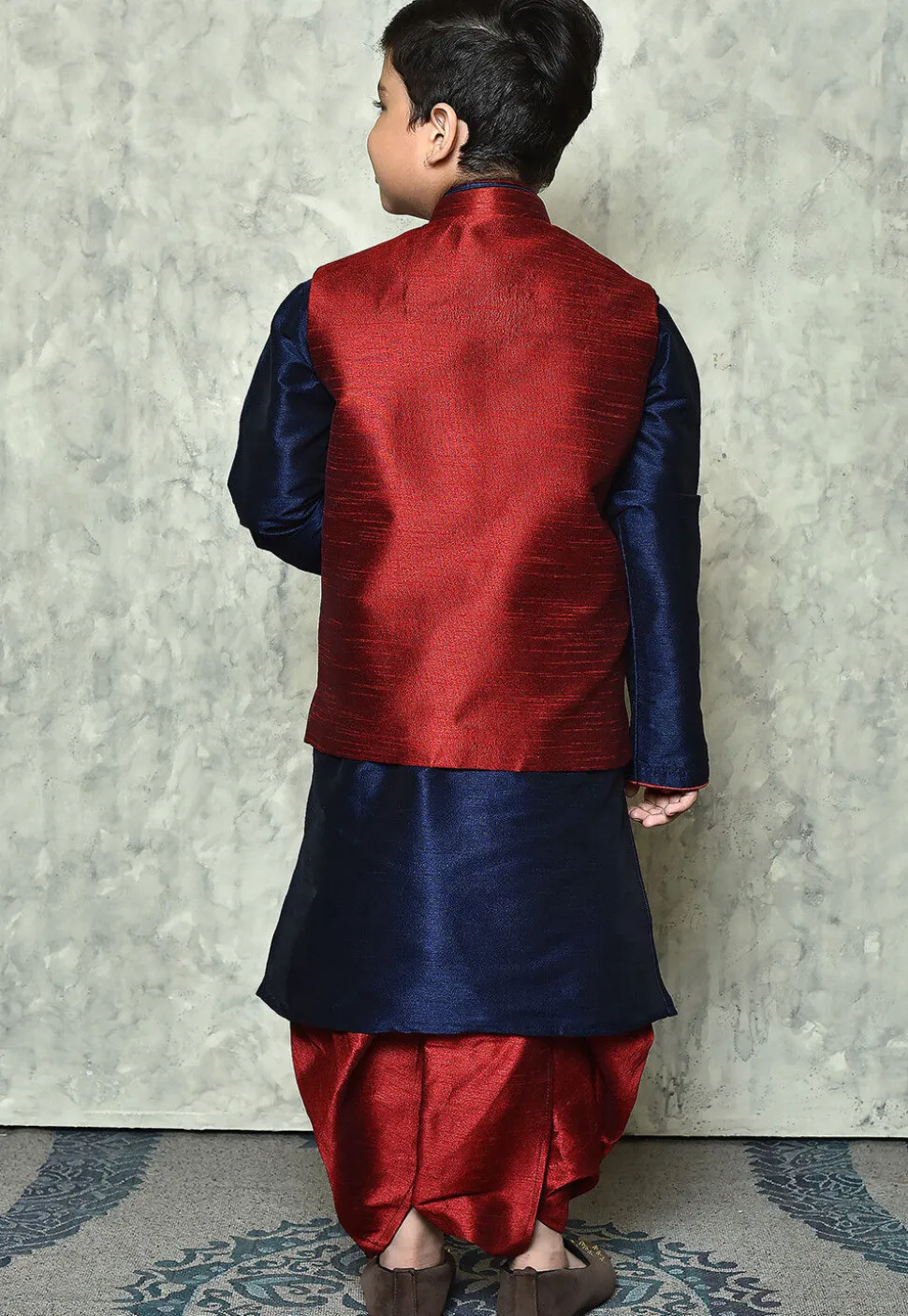 Contrast Trim Dupion Dhoti Kurta Jacket in Navy Blue and Maroon