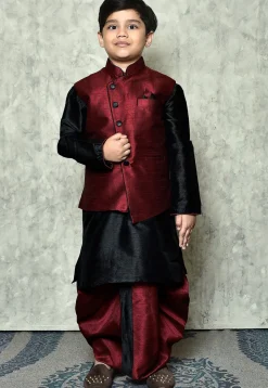 Contrast Trim Dupion Dhoti Kurta Jacket in Black and Maroon