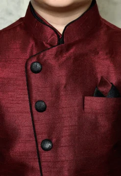 Contrast Trim Dupion Dhoti Kurta Jacket in Black and Maroon