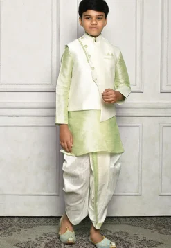 Contrast Trim Dupion Dhoti Kurta Jacket in Green and White