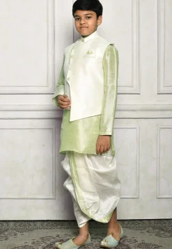 Contrast Trim Dupion Dhoti Kurta Jacket in Green and White
