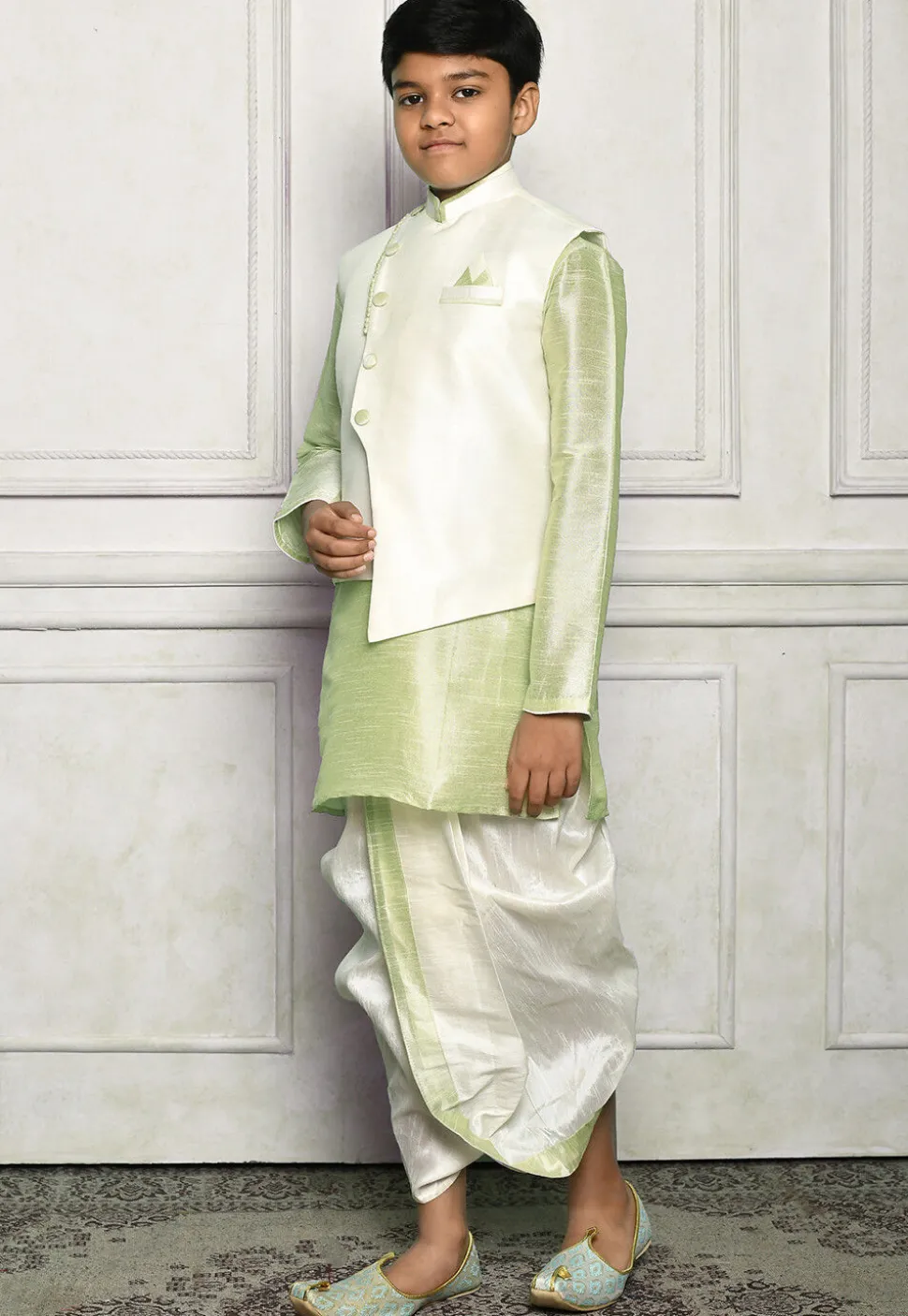Contrast Trim Dupion Dhoti Kurta Jacket in Green and White