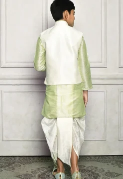 Contrast Trim Dupion Dhoti Kurta Jacket in Green and White