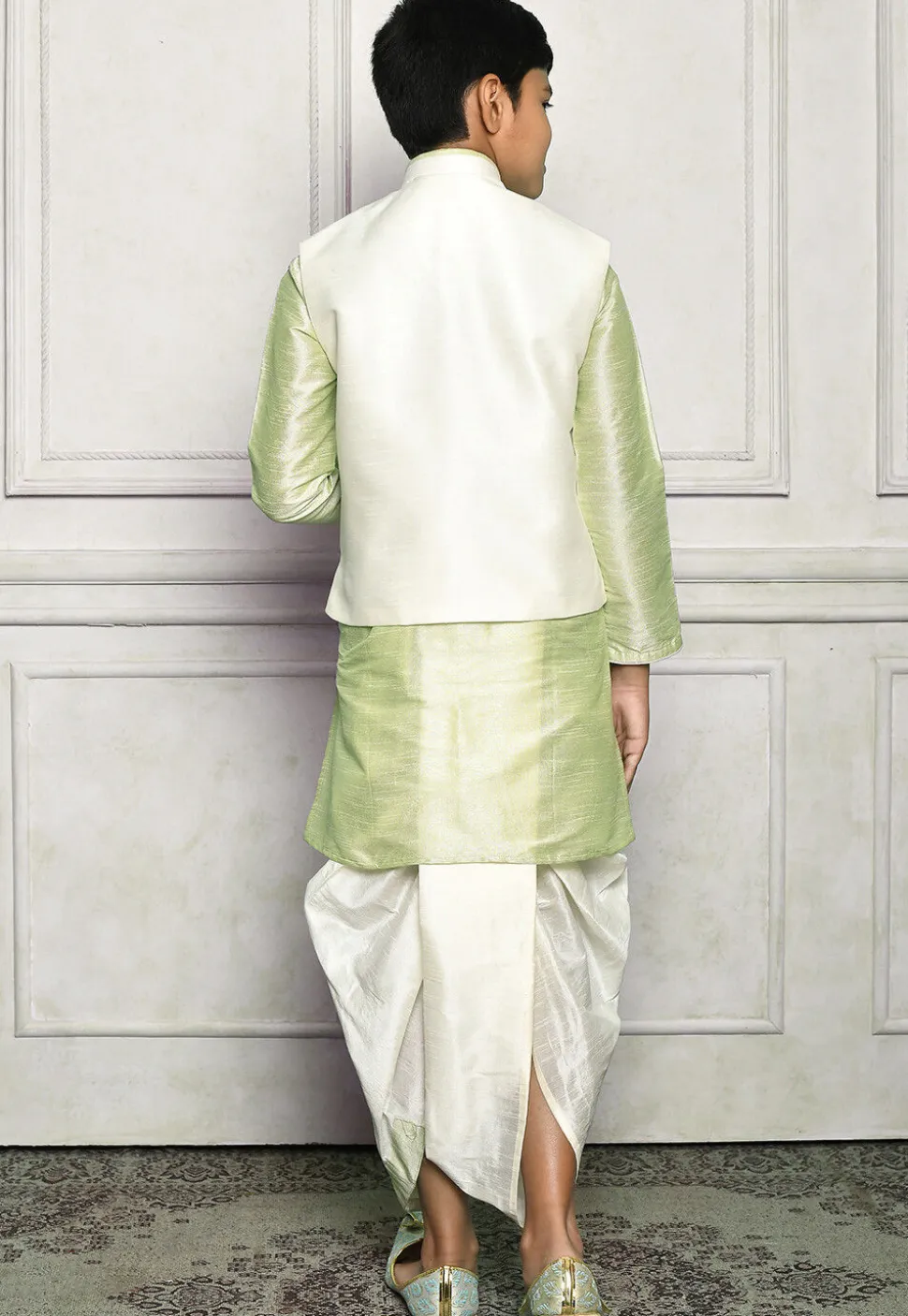Contrast Trim Dupion Dhoti Kurta Jacket in Green and White