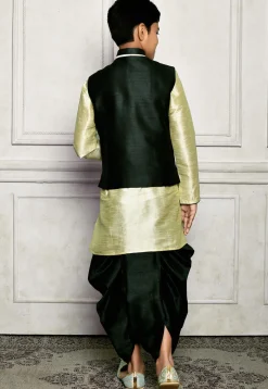 Contrast Trim Dupion Dhoti Kurta Jacket in Green