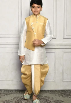 Contrast Trim Dupion Dhoti Kurta Jacket Set in White and Beige
