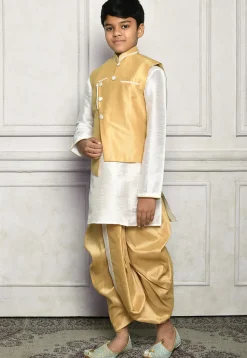 Contrast Trim Dupion Dhoti Kurta Jacket Set in White and Beige