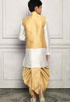 Contrast Trim Dupion Dhoti Kurta Jacket Set in White and Beige